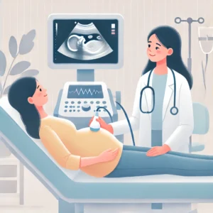 Ultrassonografia obstétrica: importância do exame para a saúde da mãe e do bebê Médica obstetra realizando ultrassonografia obstétrica em gestante deitada, que observa o monitor do exame. O ambiente transmite cuidado e profissionalismo.
